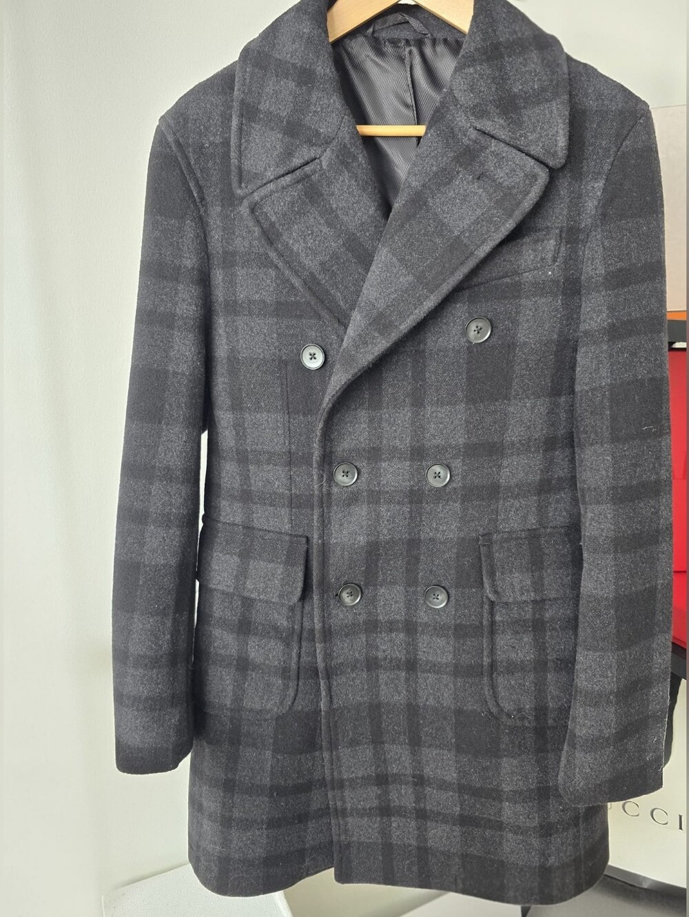 Men's Wool Blend Double Breasted Plaid Peacoat